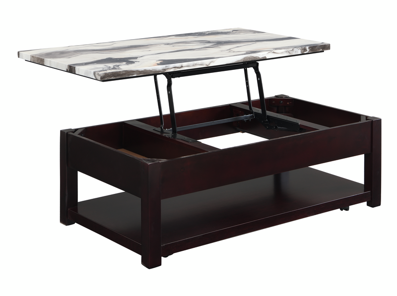 Table à café traditionnelle Sicily de 48 po avec dessus relevable et tablette et roulettes - Espresso léger avec dessus en imitation de marbre