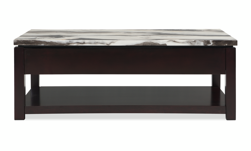 Table à café traditionnelle Sicily de 48 po avec dessus relevable et tablette et roulettes - Espresso léger avec dessus en imitation de marbre