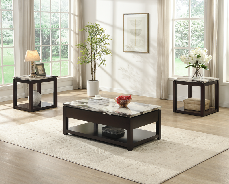 Table de bout traditionnelle Sicily de 22 po avec tablette - Espresso léger avec dessus en imitation de marbre
