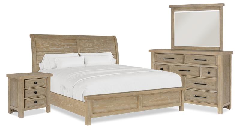 Ensemble de chambre à coucher Sonoma 6 pièces avec lit, commode, miroir et table de nuit, brun clair - format très grand lit