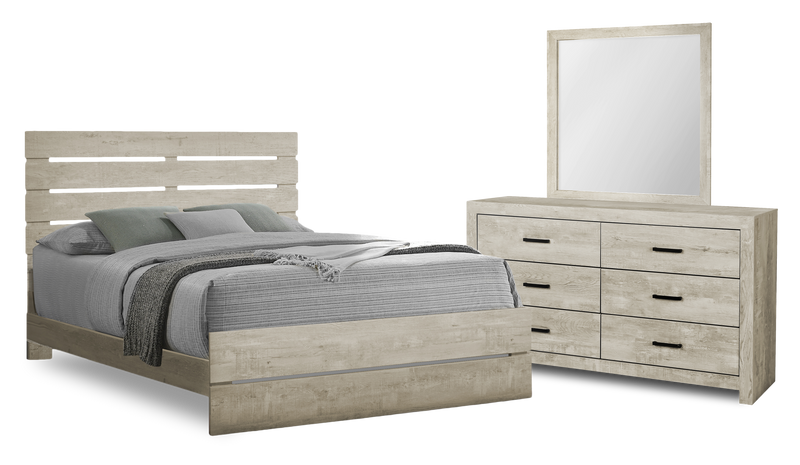 Ensemble de chambre à coucher Soren 5 pièces avec lit à panneaux à lattes, commode et miroir, chêne blanchi - format grand lit