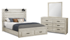 Ensemble de chambre à coucher Soren 5 pièces avec lit de rangement à lattes, commode, miroir et éclairage à DEL, chêne blanchi - grand lit
