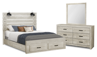Ensemble de chambre à coucher Soren 5 pièces avec lit de rangement à lattes, commode, miroir et éclairage à DEL, chêne blanchi - grand lit