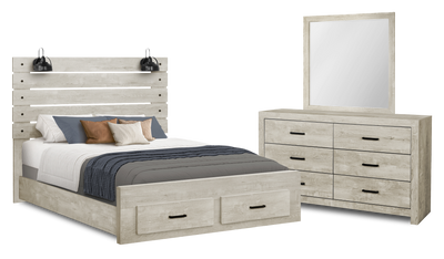 Soren 5pc Bedroom Set with Slat Storage Bed, Dresser & Mirror, LED, Bleached Oak - Queen  | Ensemble de chambre à coucher Soren 5 pièces avec lit de rangement à lattes, commode, miroir et éclairage à DEL, chêne blanchi - grand lit