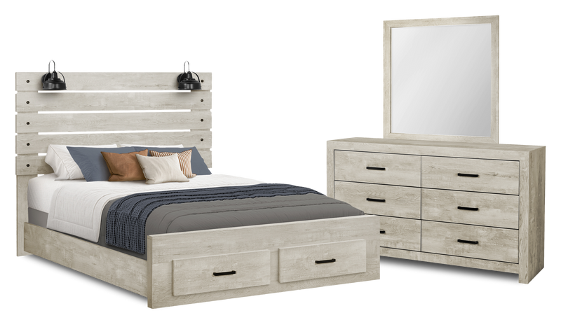 Ensemble de chambre à coucher Soren 5 pièces avec lit de rangement à lattes, commode, miroir et éclairage à DEL, chêne blanchi - grand lit