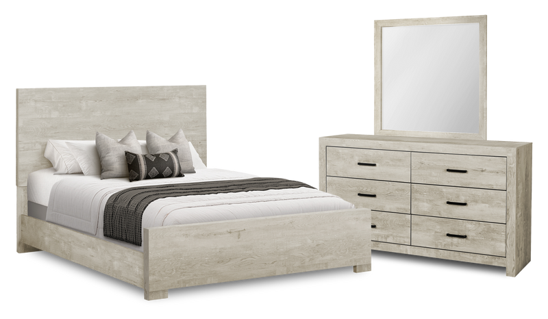 Ensemble de chambre à coucher Soren 5 pièces avec lit à panneaux, commode et miroir, chêne blanchi - format grand lit
