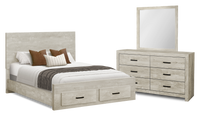Ensemble de chambre à coucher Soren 5 pièces avec lit de rangement, commode et miroir, chêne blanchi - format grand lit