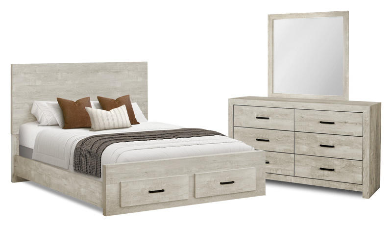 Ensemble de chambre à coucher Soren 5 pièces avec lit de rangement, commode et miroir, chêne blanchi - format grand lit