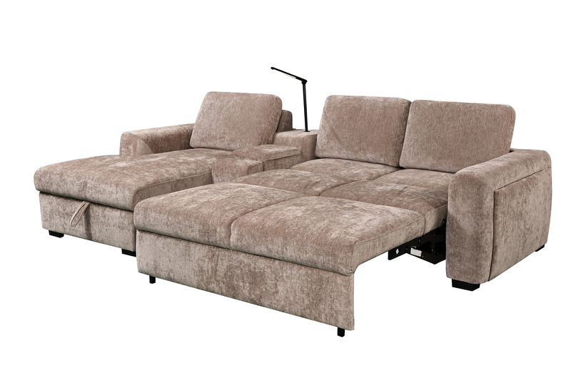 Sofa-lit sectionnel de gauche Sunset en tissu d’apparence lin avec ports USB - taupe
