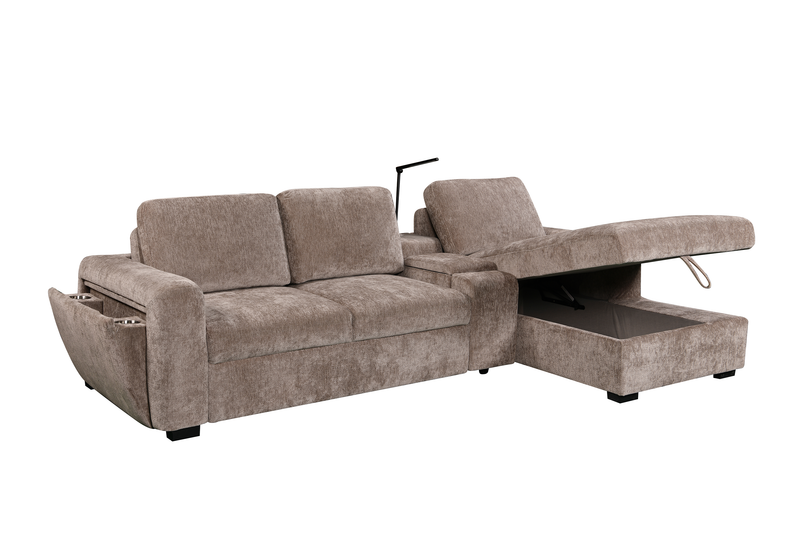 Sofa-lit sectionnel de droite Sunset en tissu d’apparence lin avec ports USB - taupe