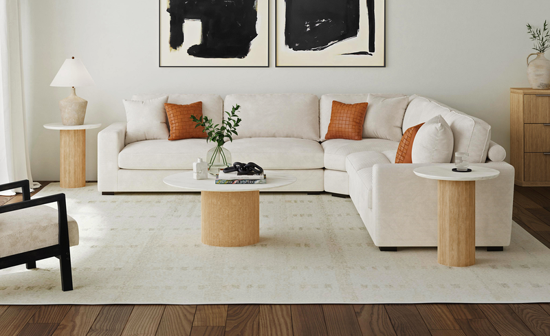 Table de bout ronde moderne Sylvie de 22 po avec dessus en imitation de marbre - naturelle 