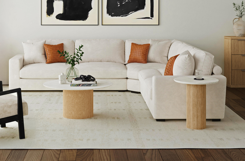 Table de bout ronde moderne Sylvie de 22 po avec dessus en imitation de marbre - naturelle 