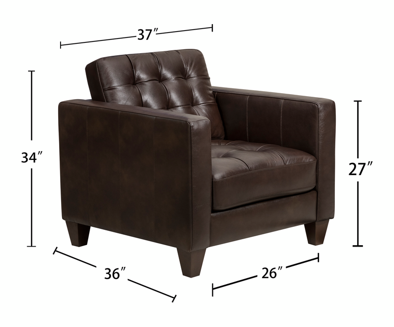 Fauteuil Theo de 37 po en cuir véritable de qualité supérieure avec coussin de dossier amovible et pattes en bois - brun