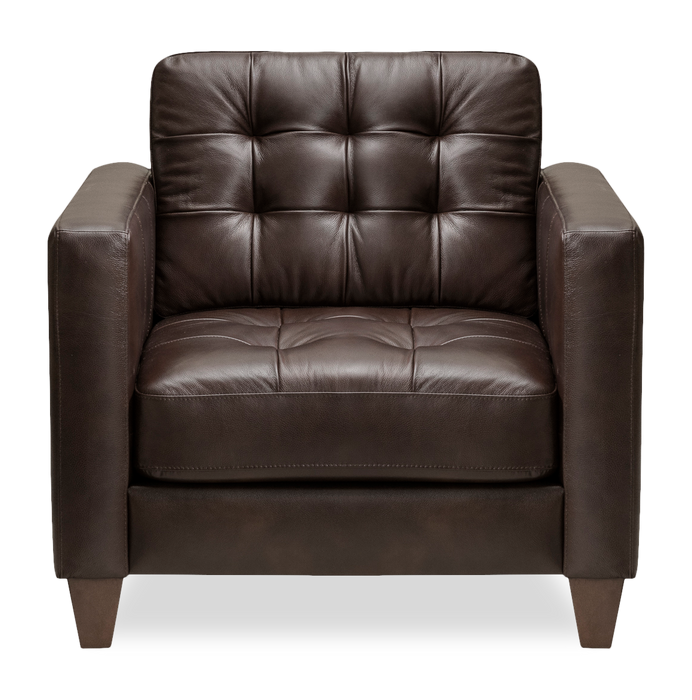 Fauteuil Theo de 37 po en cuir véritable de qualité supérieure avec coussin de dossier amovible et pattes en bois - brun