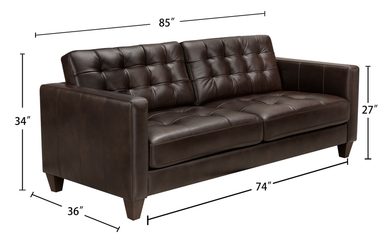 Sofa Theo de 85 po en cuir véritable de qualité supérieure avec coussin de dossier amovible et pattes en bois - brun