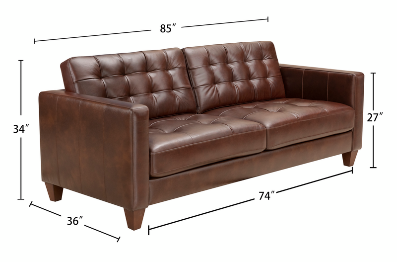 Sofa Theo de 85 po en cuir véritable de qualité supérieure avec coussin de dossier amovible et pattes en bois - bourgogne