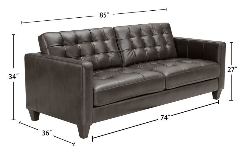 Sofa Theo de 85 po en cuir véritable de qualité supérieure avec coussin de dossier amovible et pattes en bois - gris