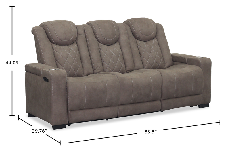 Sofa à inclinaison électrique Venture de 83,5 po en suédine avec appuie-têtes électriques, porte-gobelets et port USB - chocolat