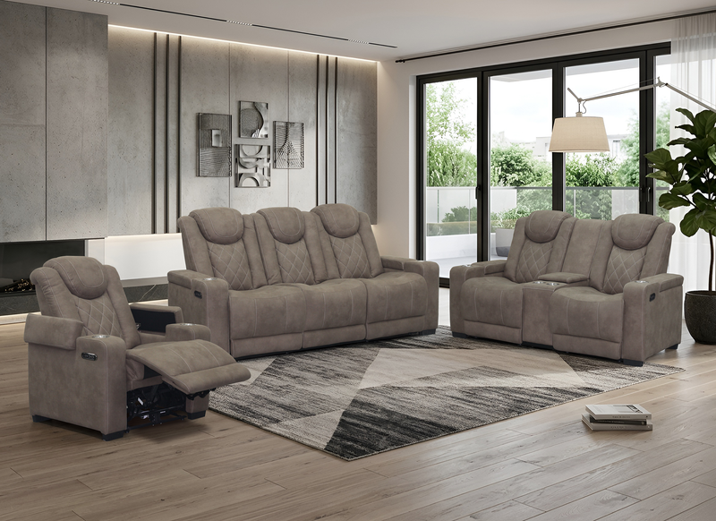 Sofa à inclinaison électrique Venture de 83,5 po en suédine avec appuie-têtes électriques, porte-gobelets et port USB - chocolat