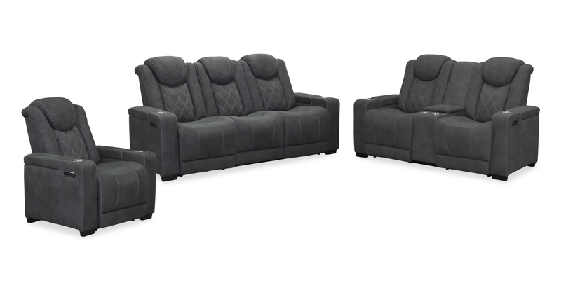 Sofa à inclinaison électrique Venture de 83,5 po en suédine avec appuie-têtes électriques, porte-gobelets et port USB - gris
