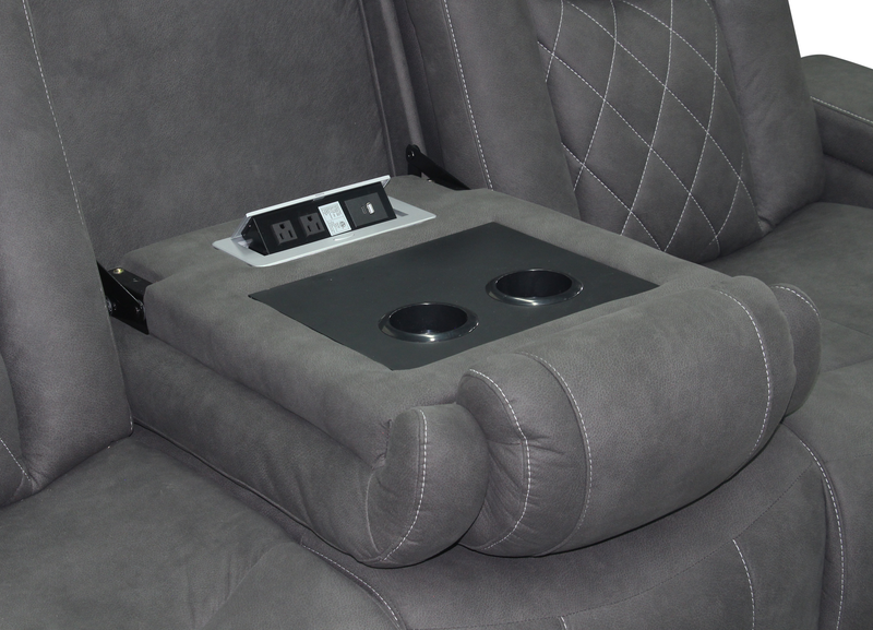 Sofa inclinable Venture de 83,5 po en suédine avec rangement, porte-gobelets et port USB - gris