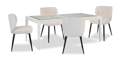 Vida 5pc Dining Set with Table & 4 Sara Chairs, Carved Wood & Glass Inserts, 78”W | Ensemble de salle à manger Vida 5 pièces avec table de 78 po (L), 4 chaises Sara, bois sculpté et incrustations en verre