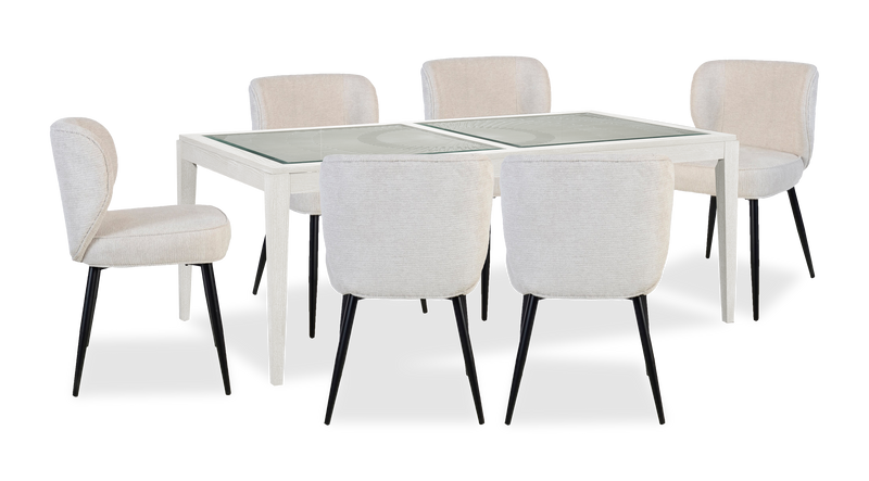 Ensemble de salle à manger Vida 5 pièces avec table de 78 po (L), 4 chaises Sara, bois sculpté et incrustations en verre