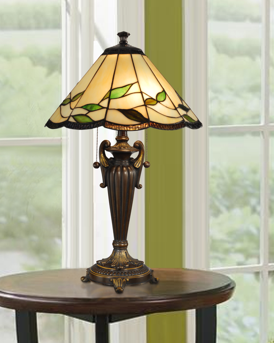 Lampe de table de style Tiffany Fallhouse de Wisteria de 16 po avec abat-jour ambré - bronze antique 