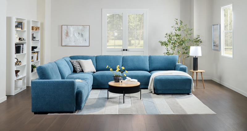 Sofa sectionnel modulaire de droite Voyage 7 pièces en tissu avec console et coussins de dossier amovibles - bleu