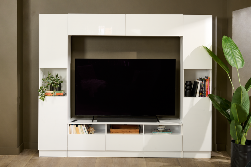 Meuble audio-vidéo Celine de 94.5 po 4 pièces avec rangement et système de gestion des câbles pour téléviseurs de jusqu’à 70 po - blanc