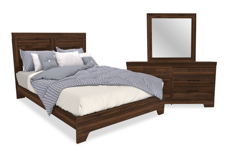 Ensemble de chambre à coucher Yorkdale 5 pièces avec lit à panneau, commode et miroir, brun noyer - format grand lit