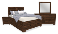  Ensemble de chambre à coucher Yorkdale 6 pièces avec lit de rangement à 12 tiroirs, commode, miroir et table de nuit, brun noyer - format lit double 