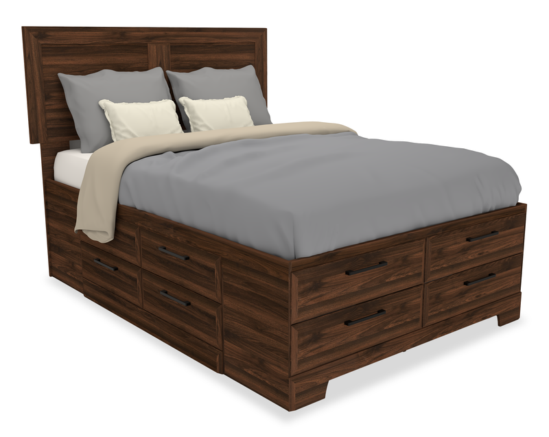 Ensemble de chambre à coucher Yorkdale 6 pièces avec lit de rangement à 12 tiroirs, commode, miroir et table de nuit, brun noyer - format grand lit