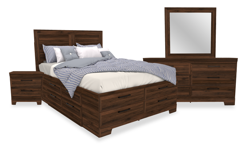 Ensemble de chambre à coucher Yorkdale 6 pièces avec lit de rangement à 12 tiroirs, commode, miroir et table de nuit, brun noyer - format grand lit