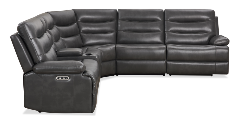 Sofa sectionnel à inclinaison électrique Zayne 6 pièces en tissu d’apparence cuir avec console et ports de recharge USB - gris