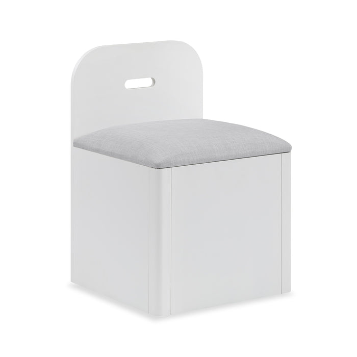 Lit plateforme Quinn avec tête de lit bibliothèque, bureau intégré et tabouret, blanc - format lit double