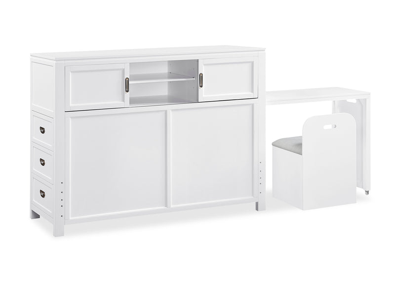 Lit plateforme Quinn avec tête de lit bibliothèque, bureau intégré et tabouret, blanc - format lit double