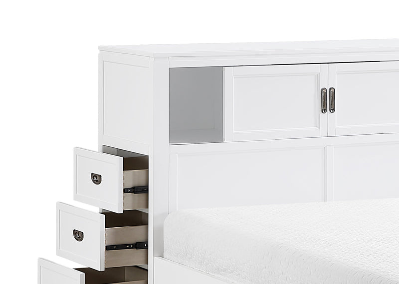 Lit plateforme Quinn avec tête de lit bibliothèque, bureau intégré et tabouret, blanc - format lit double