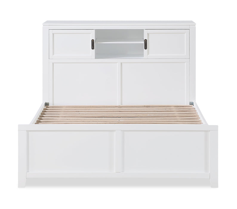 Lit plateforme Quinn avec tête de lit bibliothèque, bureau intégré et tabouret, blanc - format lit double