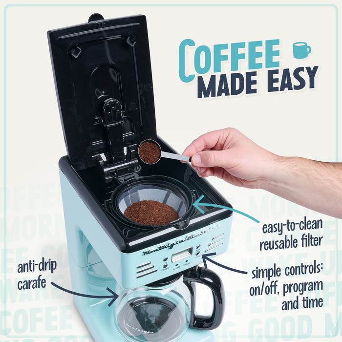Cafetière programmable rétro de Nostalgia de 12 tasses, turquoise - RCOF12AQ