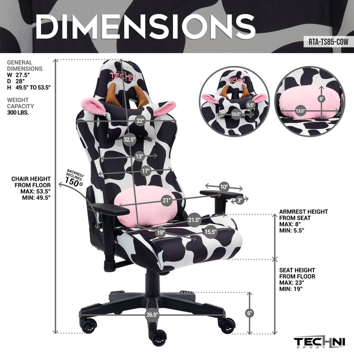Fauteuil de jeu et de bureau TS85 de série Luxx de Techni à imprimé de vache - noir