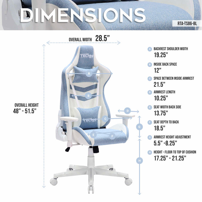 Fauteuil de jeu et de bureau ergonomique pastel TS86 de Techni Sport - bleu