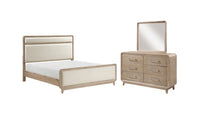  Ensemble de chambre à coucher Sasha 5 pièces avec lit en tissu, commode et miroir, brun chêne naturel - format très grand lit