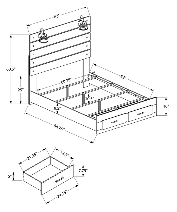 Lit plateforme de rangement Soren avec tête de lit à lattes, cadre de lit et éclairage à DEL intégré, chêne blanchi - format grand lit