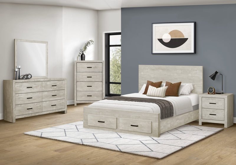 Ensemble de chambre à coucher Soren 6 pièces avec lit de rangement, commode, miroir et table de nuit, chêne blanchi - format grand lit