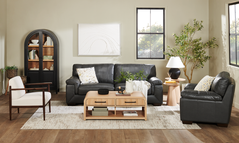 Sofa Classico de 90 po en cuir véritable avec pattes en bois - gris carbone