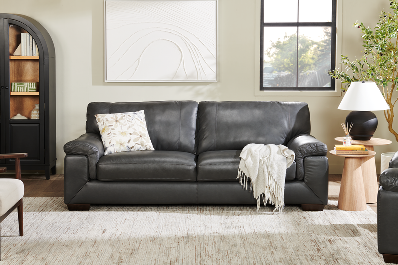 Sofa Classico de 90 po en cuir véritable avec pattes en bois - gris carbone