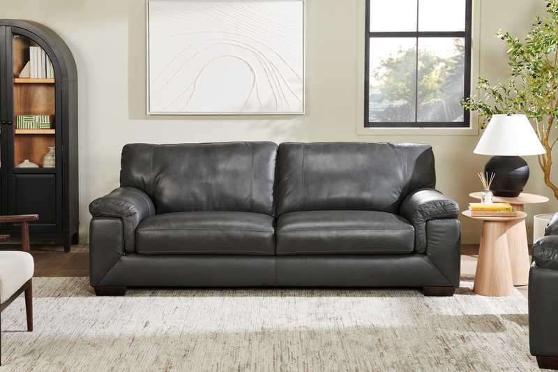 Sofa Classico de 90 po en cuir véritable avec pattes en bois - gris carbone