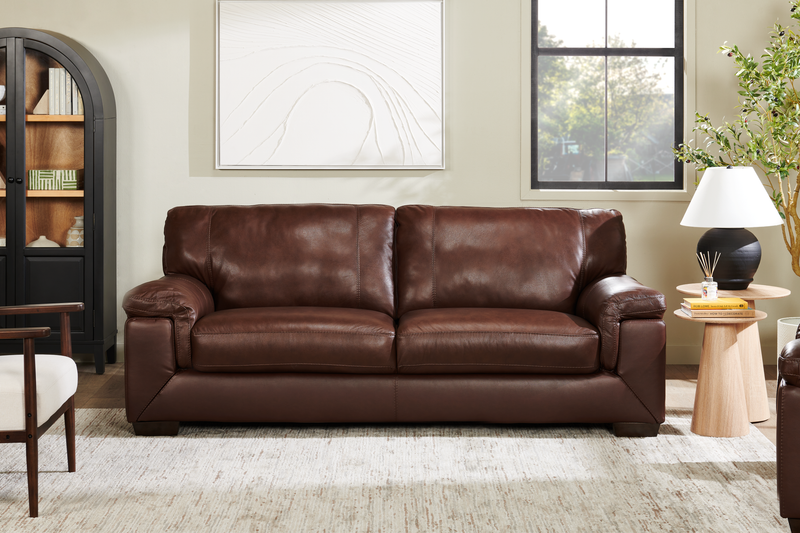 Sofa Classico de 90 po en cuir véritable avec pattes en bois - tabac