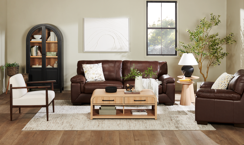 Sofa Classico de 90 po en cuir véritable avec pattes en bois - tabac